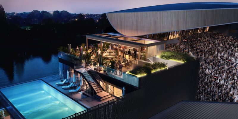 Fulham Pier Hotel dining and pool area at night
